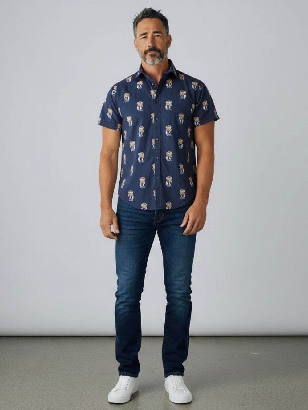 Denim & Flower Teddy Bear Patriotic Print Button Front Short Sleeve Navy L